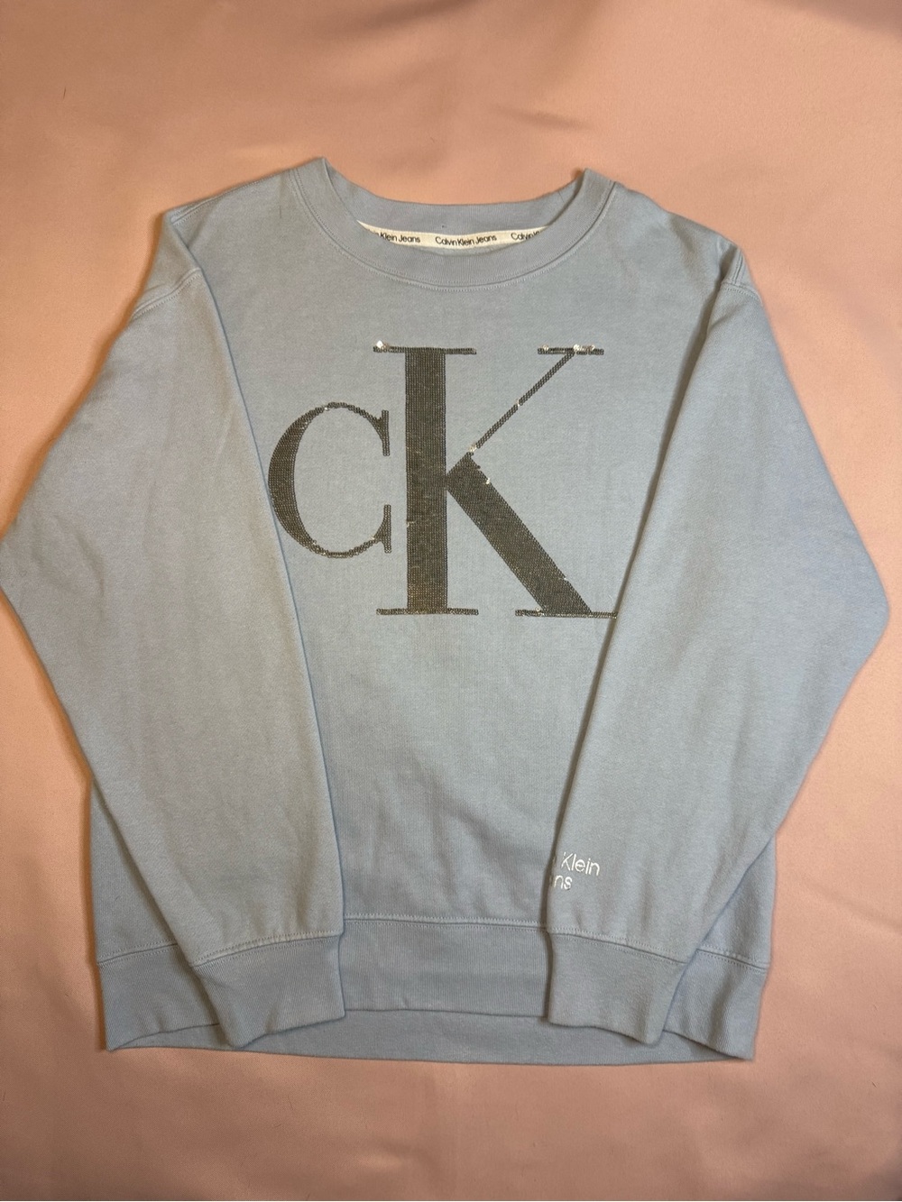 Calvin Klein Jeans - Light Blue Crewneck Sweatshirt Silver Sequin Logo - Size XS